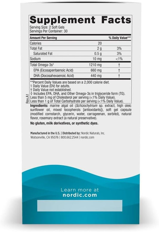 Nordic Naturals Plant Based Ultimate Omega, Lemon Flavor - 60 Vegetarian Soft Gels - 1210 mg Omega-3 - Vegan EPA and DHA - Supplement Made from Algae - Brain & Heart Support - Non-GMO - 30 Servings