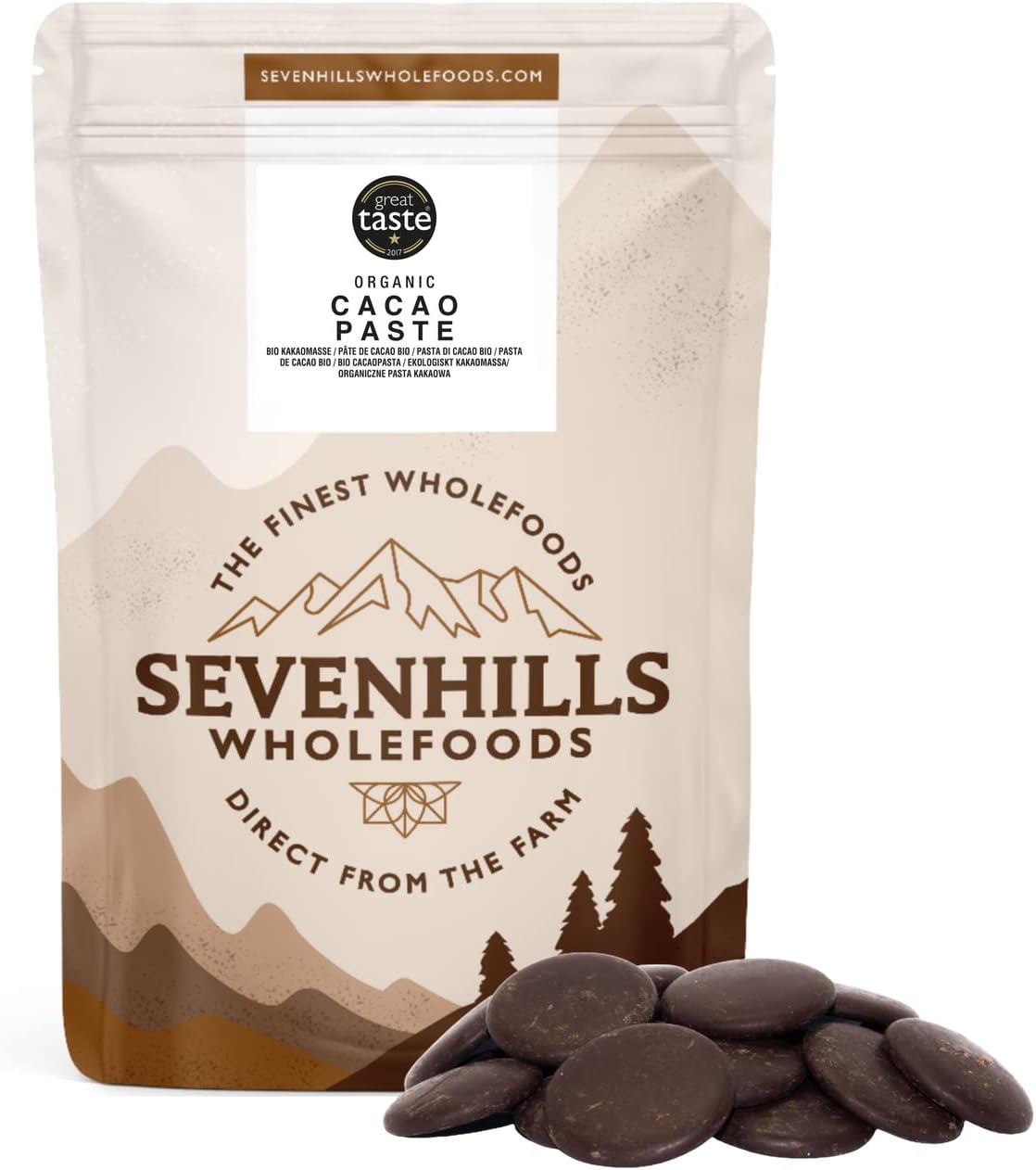 Sevenhills Wholefoods Organic Cacao Paste (Liquor, Mass) Drops 500G X 2 Individual Pouches, Total Weight 1Kg