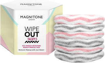 Magnitone Wipe Out Swipes Eco Friendly Microfibre Makeup Removal Cleansing Pads, Remove Makeup With Water, Reusable, Use On Sensitive Skin, Eyes And Lips, No Cleanser Needed, Silver & Pink, Pack Of 6