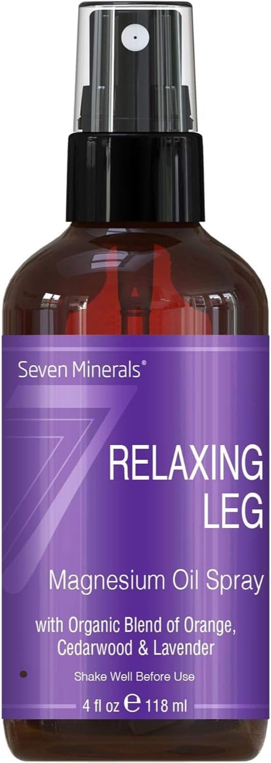 Seven Minerals Relaxing Leg Magnesium Spray, Powerful Organic Blend of Essential Oils (Orange, Cedarwood, & Laavender), That Calms Legs Naturally. 4 fl oz