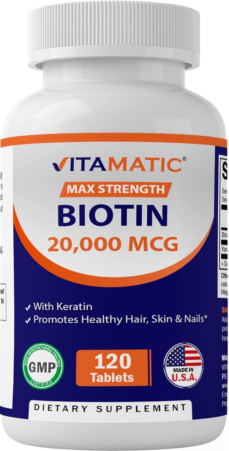 Vitamatic High Potency Biotin 20000 mcg (20mg) with Keratin 100mg - 120 Vegetarian Tablets - Biotin Supplements for Healthy Hair Skin & Nails for Adults (120 Count (Pack of 1))