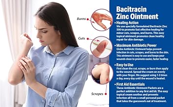 (4 Pack) Globe Bacitracin Zinc Ointment + Aloe 1Oz, Antibiotic Ointment, Essential Antibiotic First Aid Supplies, Healing Action, Maximum Antibiotic Power, Prevents Infection In Cuts, Scrapes, Burns