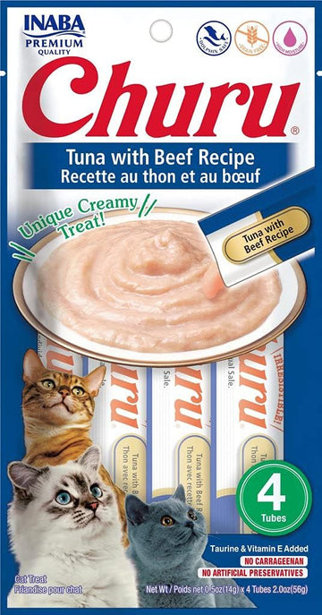 INABA Churu Tuna with Beef Recipe Natural Lickable Wet Treat for Cats (4 Tubes)
