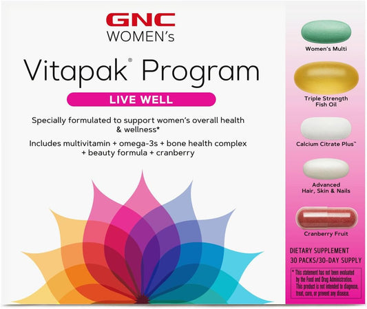 Gnc Women'S Ultra Mega Live Well Vitapak | Full Body Supplement Support | 3-Step Multivitamin System For Optimal Health | Contains Omega-3, Calcium, Biotin, Collagen & Cranberry | 30 Count