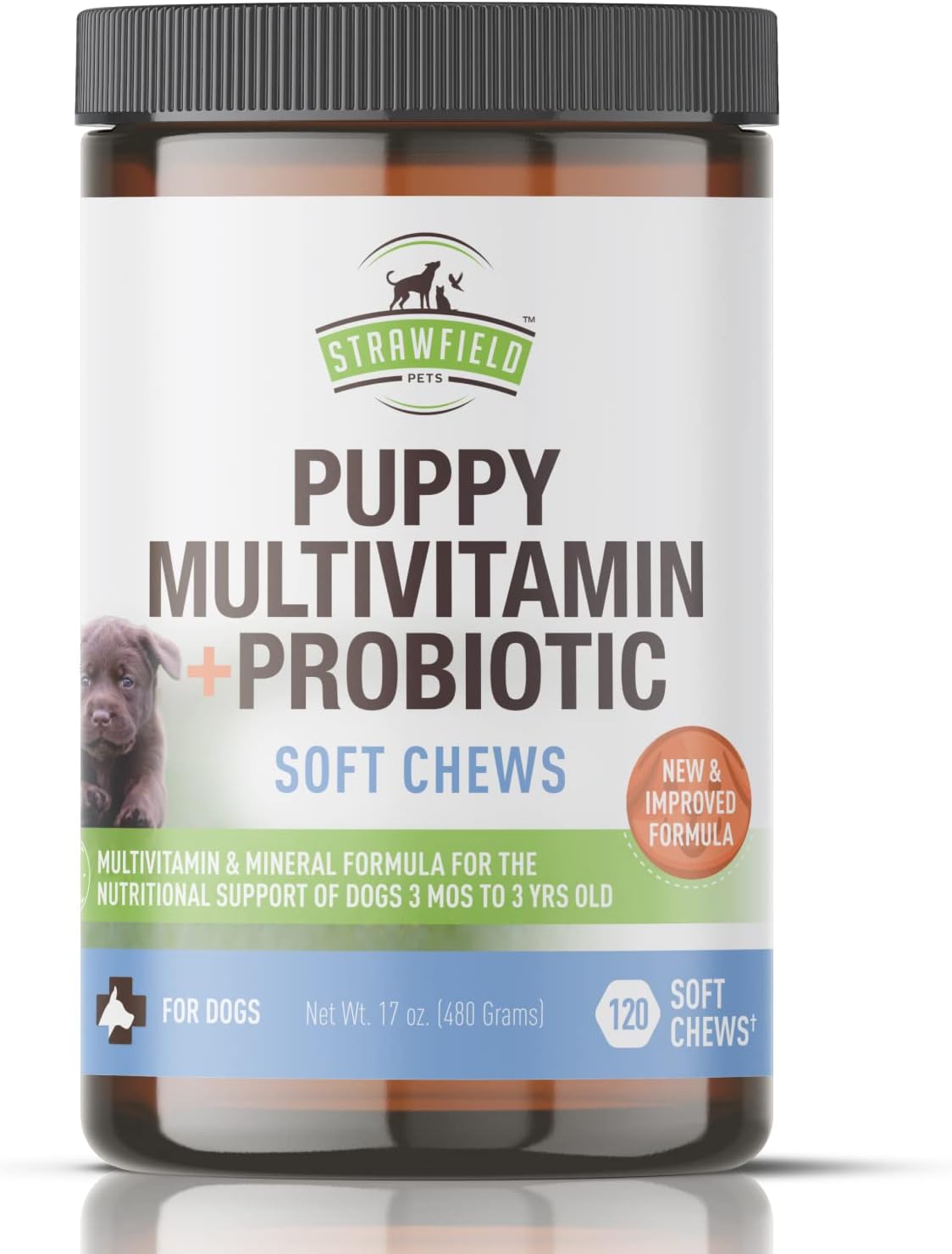 Strawfield Pets Puppy Multivitamin + Probiotics for Dogs Puppy Vitamins with Joint Support Supplement for Dogs & Puppies Peanut Butter Flavor 120 Crumbly Soft Chews