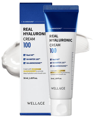 Wellage Real Hyaluronic Cream 100-100% Pure Hyaluronic Acid Face Moisturizer - Powerful Moisturizing & Firming For Dry Skin - Lightweight Gel Cream, 1.69Oz