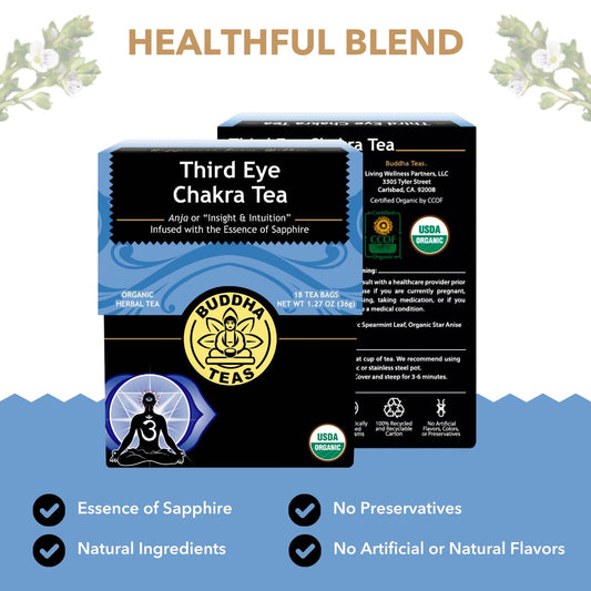 Buddha Teas - Third Eye Chakra Tea - Organic Herbal Tea - For Insight & Intuition - With Eyebright, Spearmint, Star Anise & Sapphire Essence - 100% Kosher & Non-Gmo - 18 Tea Bags (Pack Of 1)