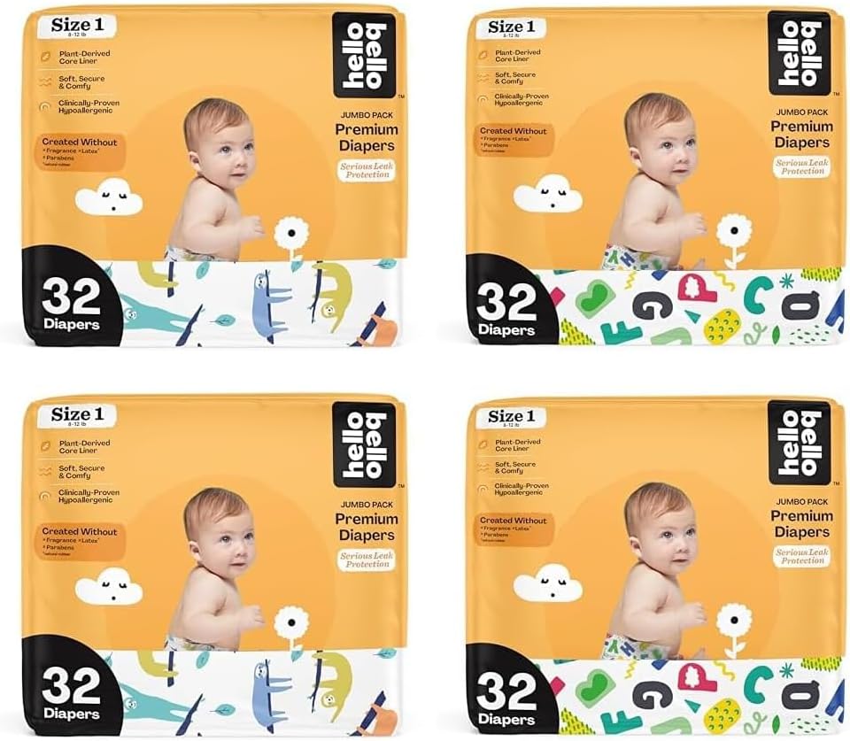 Hello Bello Premium Baby Diapers Size 1 I 128 Count Of Disposable, Extra-Absorbent, Hypoallergenic, & Eco-Friendly Baby Diapers With Snug & Comfort Fit I Alphabet Soup (64) + Sleepy Sloth (64)