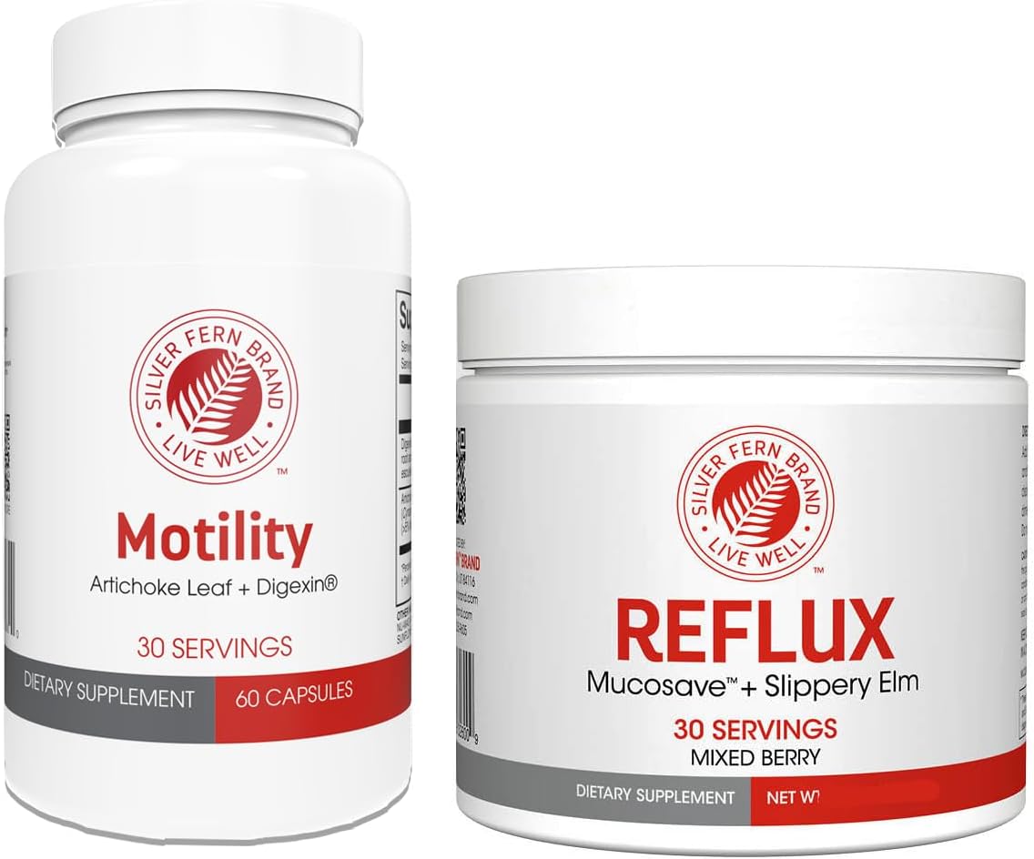 Silver Fern Brand Slow Motility+Kit – Digestive Support Bundle – 30-Day Supply – 2 Motility, 2 Berry Flavor Powder Reflux – Capsules, Powder – Artichoke Leaf, Okra, Ashwagandha, Mucosave – Made In Usa
