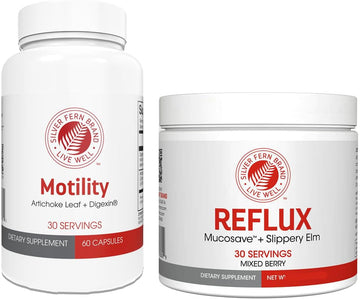 Silver Fern Brand Slow Motility+Kit – Digestive Support Bundle – 30-Day Supply – 2 Motility, 2 Berry Flavor Powder Reflux – Capsules, Powder – Artichoke Leaf, Okra, Ashwagandha, Mucosave – Made In Usa