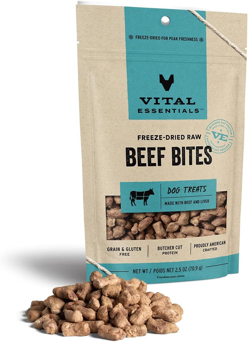 Vital Essentials Freeze Dried Raw Whole Animal Dog Treats, Beef Bites, 2.5 Oz