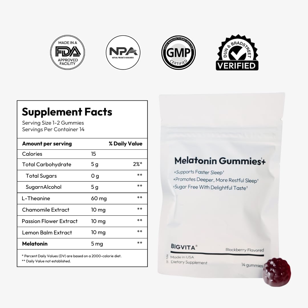Bigvita Melatonin Gummies+ | Natural Sleep Support With L-Theanine, Chamomile & Botanicals, Rest & Recharge : Health & Household