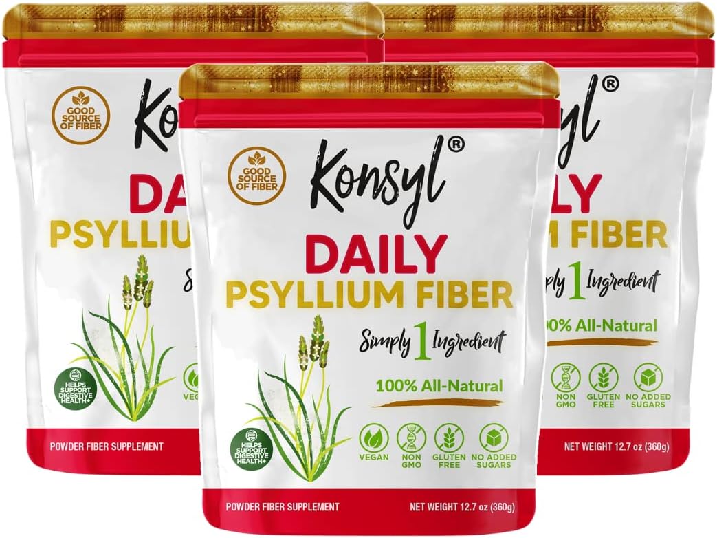 Konsyl Daily Psyllium Fiber, 3 Pack, 360g Gusset Bag, Gluten Free, Non GMO, Keto Friendly, Unflavored, Easy Mixing Fiber