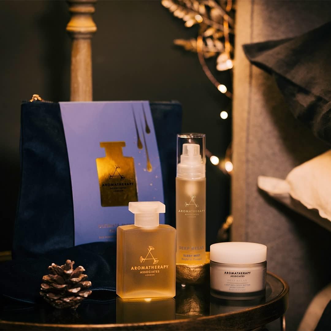 Aromatherapy Associates Ultimate Moment Of Rest. Luxurious Holiday Gift Set Includes Deep Relax Bath And Shower Oil, Restful Mist, Body Butter And Eye Mask In A Velvet Bag (1 Count) : Beauty & Personal Care