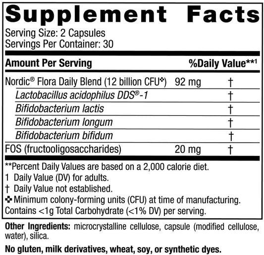 Nordic Naturals Nordic Flora Probiotic Daily - 60 Capsules - 4 Probiotic Strains with 12 Billion Cultures - Optimal Wellness, Immune Support, Digestive Health - Non-GMO, Vegan - 30 Servings