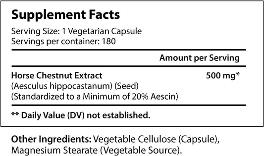 Horse Chestnut Extract 500Mg 180 Vegetarian Capsules | Made In Usa | Aescin 100Mg Per Pill | Horsechestnut Seed Supplement 500 Mg