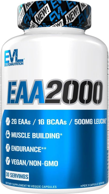 Evlution Nutrition Eaa2000 - Pre & Post Workout Capsules - Muscle Building + Recovery Supplement - 2G Essential Amino Acids + 1G Bcaas - Endurance + Energy Support - 30 Servings