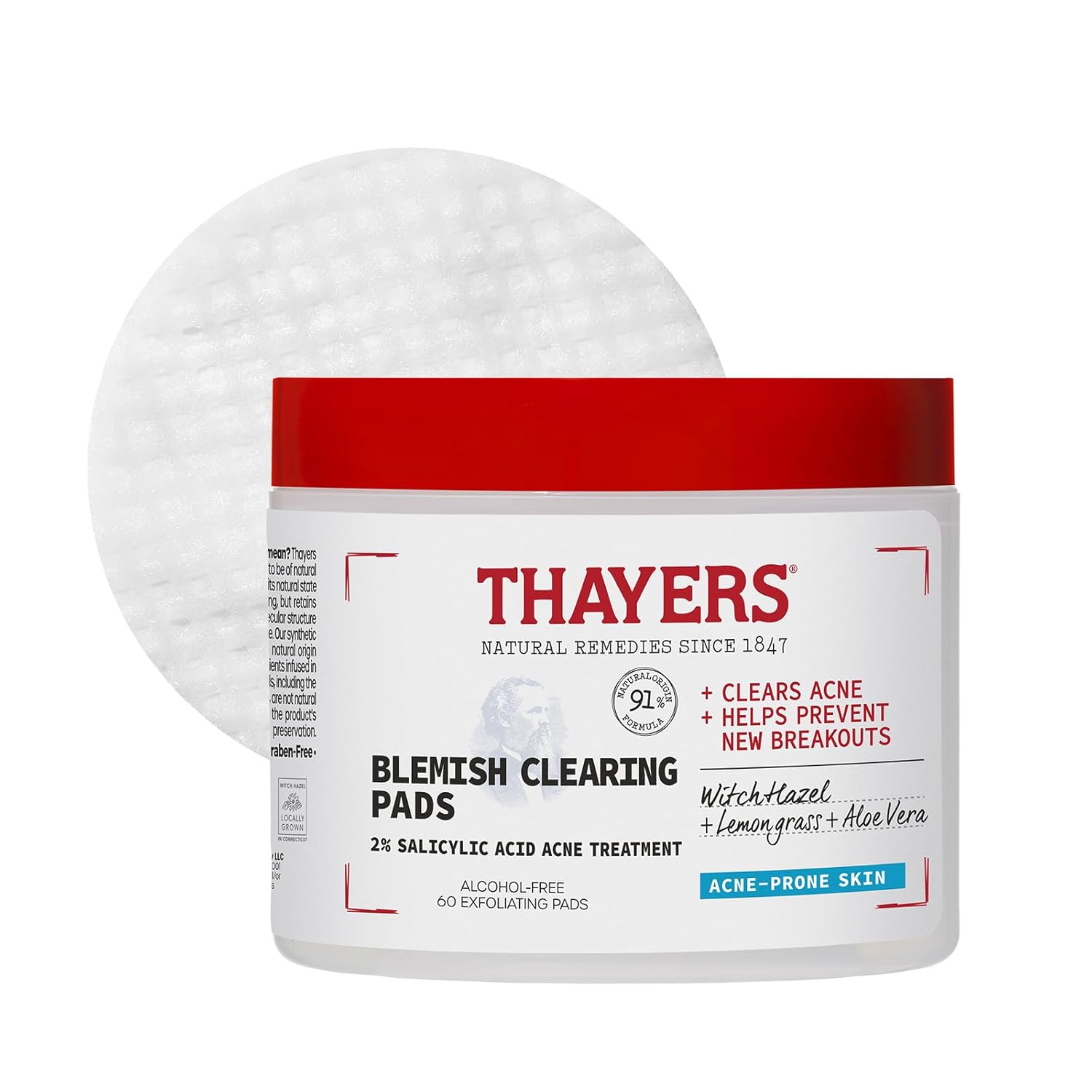 Thayers Blemish Clearing Acne Pads, Salicylic Acid Acne Treatment For Face, Pore Reducing, Exfoliating, And Soothing Skincare, Witch Hazel Toner Pads, 60 Ct