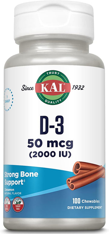 Kal Vitamin D3 Chewables 50 Mcg, Vitamin D 2000 Iu As Cholecalciferol, Sugar Free, Natural Cinnamon Flavor D3 Vitamin, Immune Support & Bone Health, 100 Servings, 100 Chewables