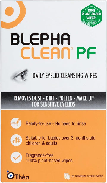 Blephaclean PF Daily Eyelid Wipes - Gentle Cleansing for the eyelids and skin around the eyes | Suitable for Babies (over 3 months old), children & adults | 20 Sterile Plastic-Free Wipes