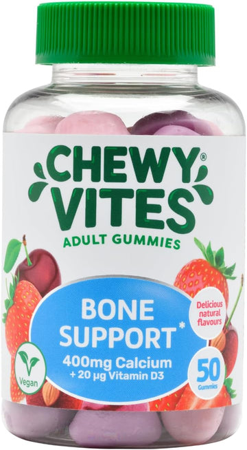 Chewy Vites Adult Bone Support 50 Vitamin Gummies, 400Mg Calcium Gummies With 20 Mcg Vitamin D3, For Bones, Teeth & Muscle Function, 2-A-Day, Vegan, Mix Of Wild Cherry And Strawberry Flavour