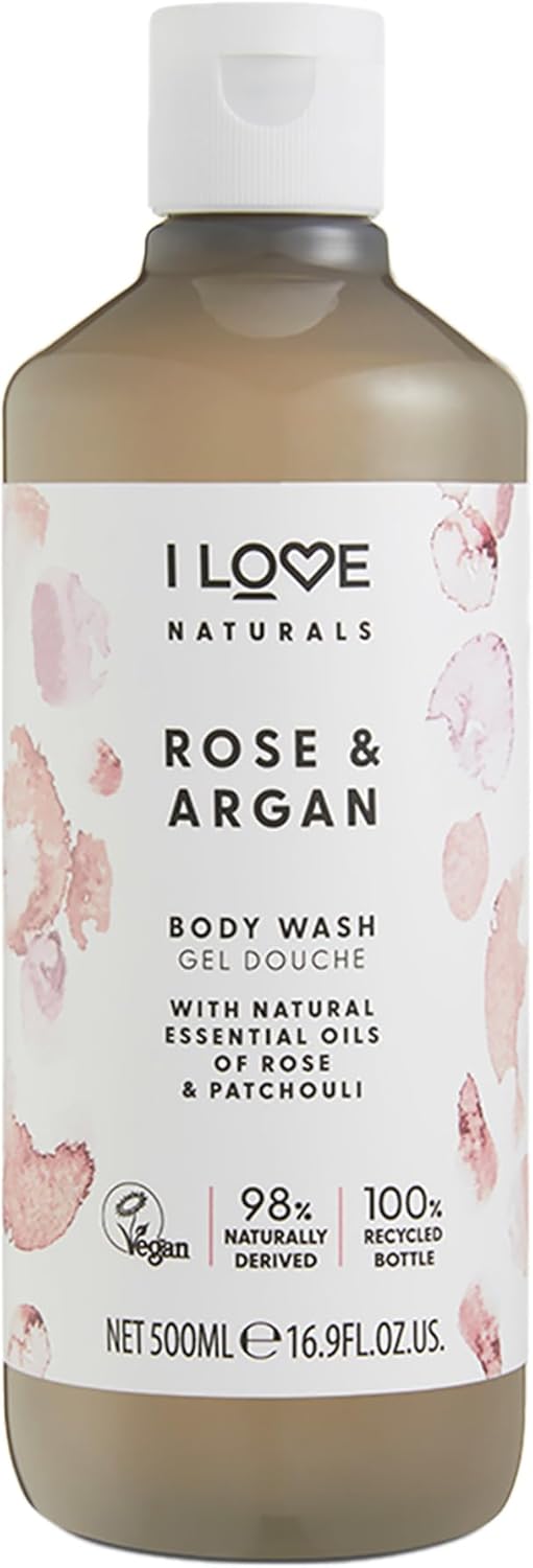 I Love Naturals Rose & Argan Body Wash, Natural Oils Of Rose & Patchouli, Formulated Using Essential Oils For Silky Smooth & Moisturised Skin, 500Ml