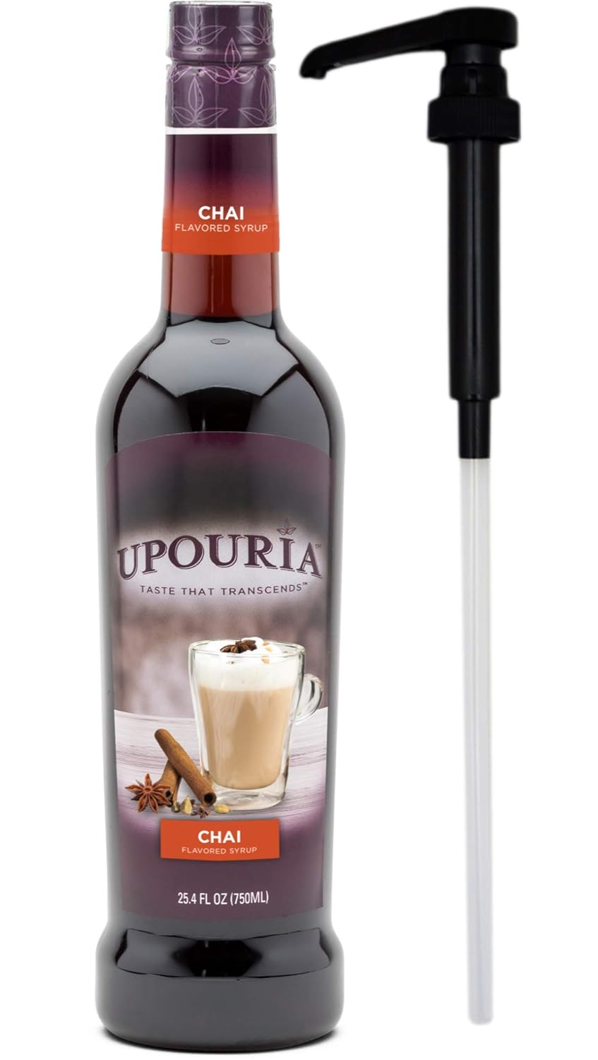 Upouria Chai Tea Spice Flavoring Syrup, 100% Vegan, Gluten-Free, Kosher, 750 mL Bottle - Coffee Syrup Pump Included