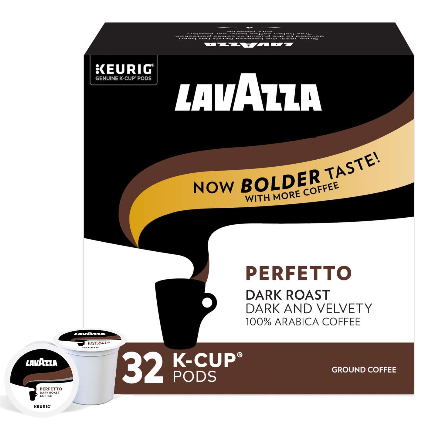 Lavazza Perfetto Single-Serve Coffee K-Cup® Pods for Keurig® Brewer, 32 Count (Pack of 4) Full-bodied dark roast with bold, dark flavor and notes of caramel, 100% Arabica