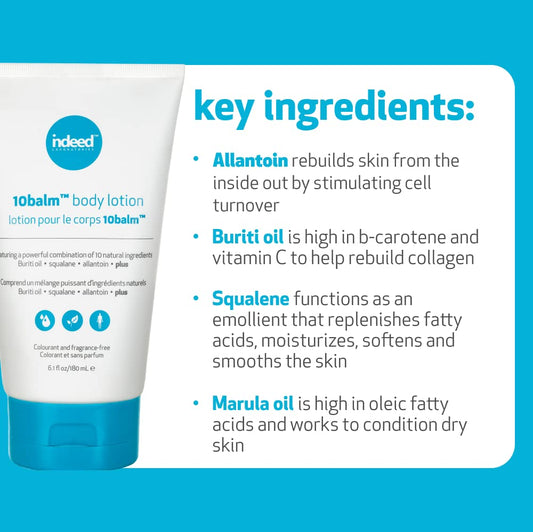Indeed Labs 10Balm Body Lotion, Ultra Hydrating Daily Body Moisturizer For Dry Irritated Skin, Moisturizing Lotion With No Drying Alcohol, Repair And Hydrate Skin, 180Ml