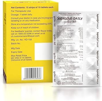 VK Supradyn Daily Multivitamin Tablets with Zinc (15 Strips), Brown, 225 Count