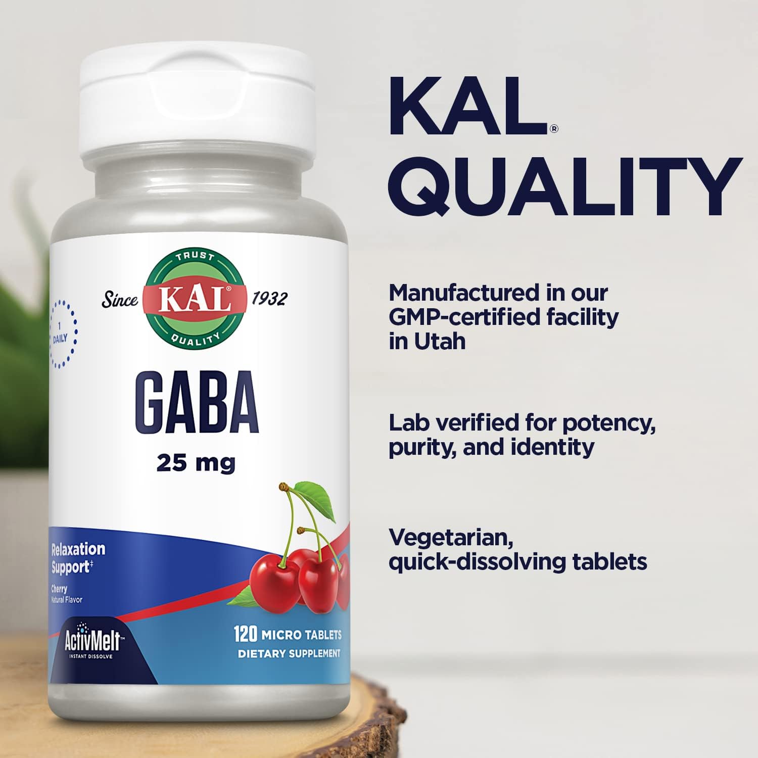 Kal Gaba Supplement, Relaxation Support And Stress Relief Support, Natural Cherry Flavor Activmelt Instant Dissolve, Vegetarian, 60-Day Money-Back Guarantee, 120 Servings, 120 Micro Tablets : Health & Household
