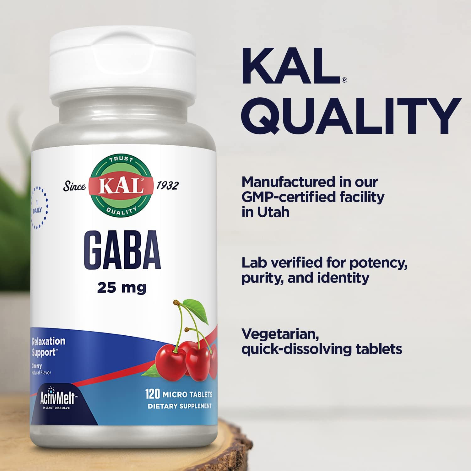 KAL GABA Supplement, Relaxation Support and Stress Relief Support, Natural Cherry Flavor ActivMelt Instant Dissolve, Vegetarian, 60-Day Money-Back Guarantee, 120 Servings, 120 Micro Tablets : Health & Household