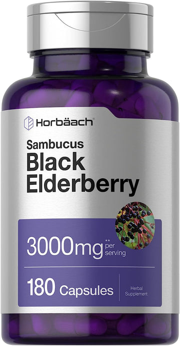 Horbaach Black Elderberry | 3000mg Capsules | 180 Count | Non-GMO, Gluten Free | Sambucus Extract Supplement