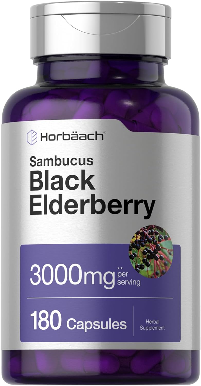 Horbäach Black Elderberry | 3000Mg Capsules | 180 Count | Non-Gmo, Gluten Free | Sambucus Extract Supplement