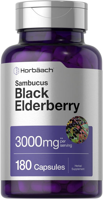 Horbäach Black Elderberry | 3000Mg Capsules | 180 Count | Non-Gmo, Gluten Free | Sambucus Extract Supplement