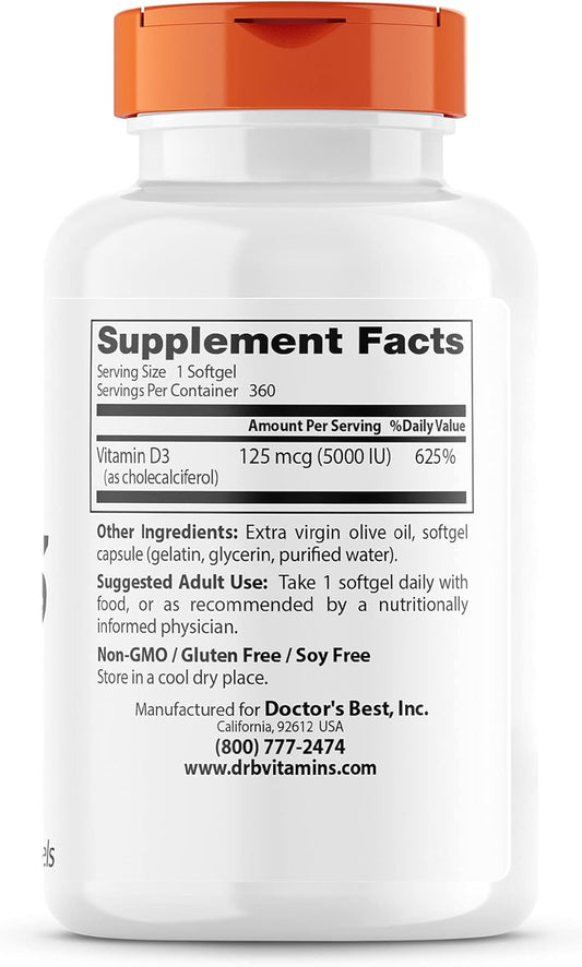 Doctor'S Best Vitamin D3 5,000 Iu For Healthy Bones, Teeth, Heart And Immune Support, Non-Gmo, Gluten-Free, Soy Free, 360 Count (Pack Of 1)