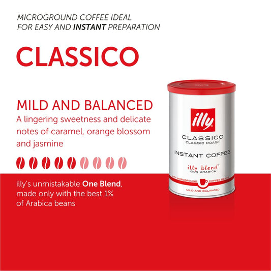 Illy Instant Coffee- 100% Arabica Coffee – Classico Medium Roast - Notes Of Caramel, Orange Blossom & Jasmine - Easy Preparation - Convenient Coffee Instant Format - Roasted In Italy – 3.3 Ounce