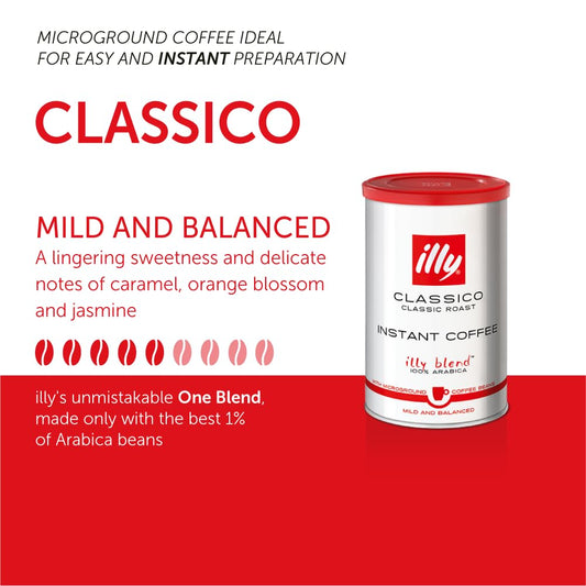 illy Instant Coffee- 100% Arabica Coffee – Classico Medium Roast - Notes Of Caramel, Orange Blossom & Jasmine - Easy Preparation - Convenient Coffee Instant Format - Roasted In Italy – 3.3 Ounce