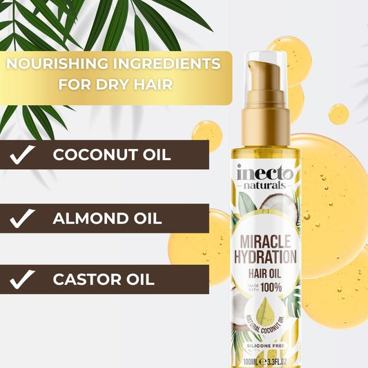 Inecto Naturals Miracle Hydration Hair Oil 100Ml, Silicone Free, Vegan Formula. Lightweight For Shiny, Stronger, Conditioned Hair