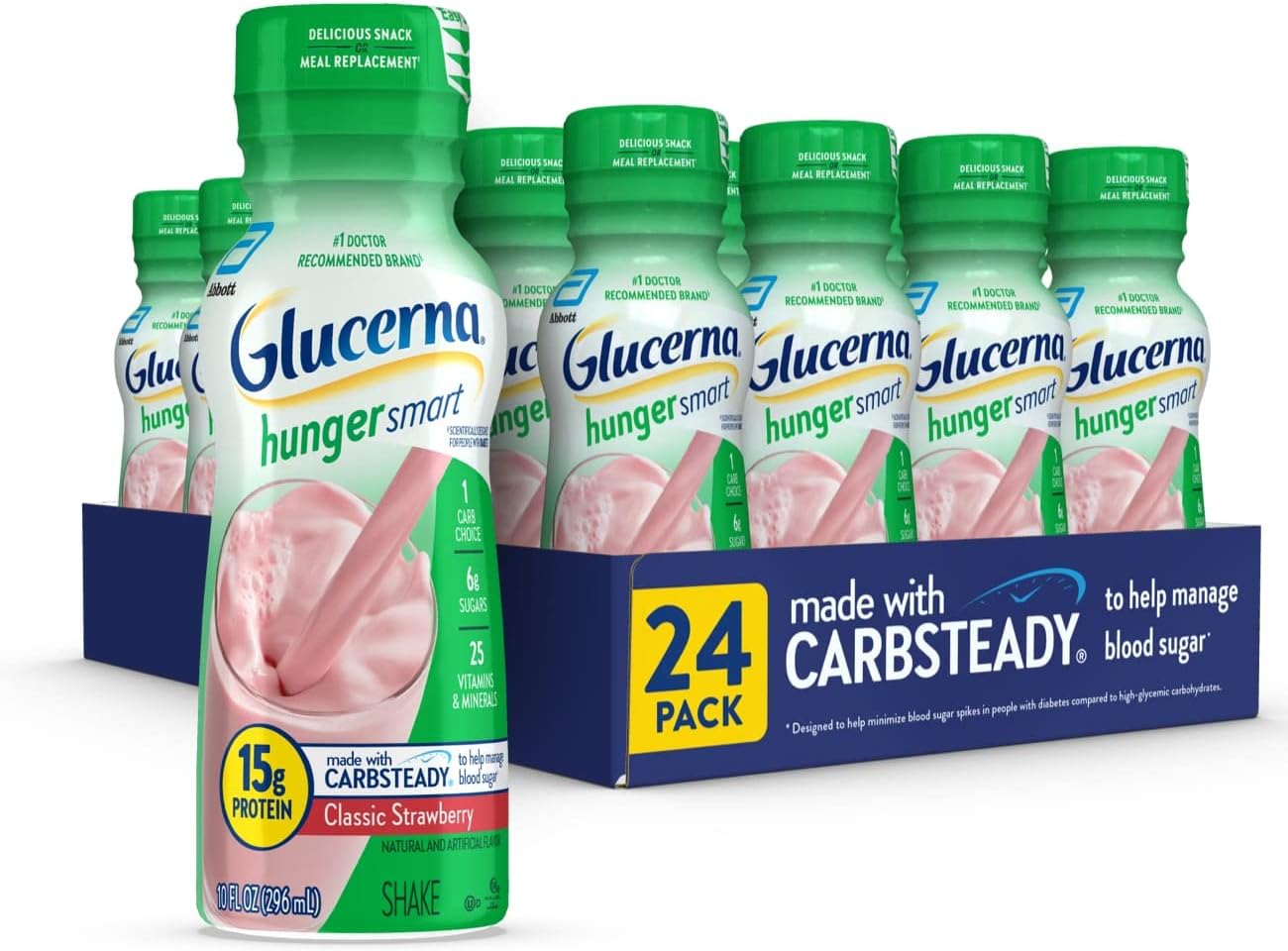 Glucerna Hunger Smart Shake, Diabetic Drink, Blood Sugar Management, 15G Protein, 180 Calories, Classic Strawberry, 10-Fl-Oz Bottle, 24 Count