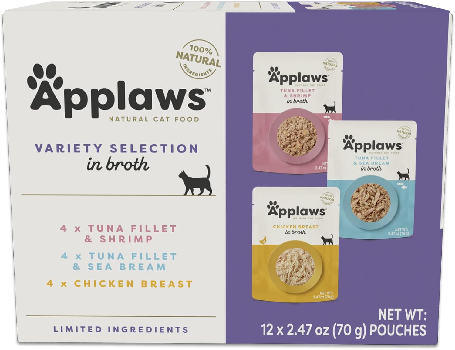 Applaws Natural Wet Cat Food In Broth, Limited Ingredient Wet Cat Food Pouches, No Additives, Made With Natural Ingredients, Tuna With Crab In Broth (12 X 2.47Oz Pouches)