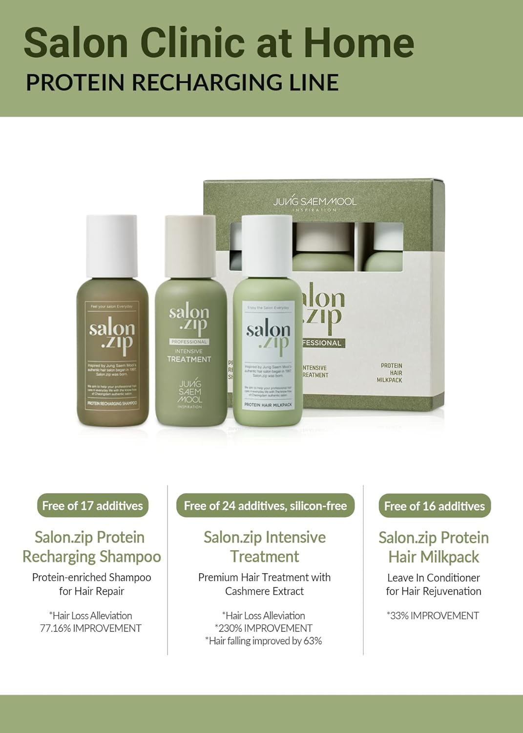 Jungsaemmool Official Salon.Zip Home Clinic Mini Trial Kit 3Ea (Recharging Shampoo 50G+Hair Milk Pack 50Ml+Intensive Treatment 50Ml) | Shampoo Travel Kit