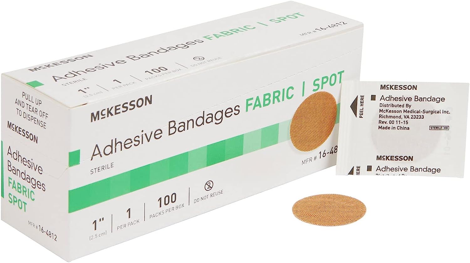 McKesson Adhesive Bandages, Sterile, Fabric Spot, 1 in, 100 Count, 4 Packs, 400 Total