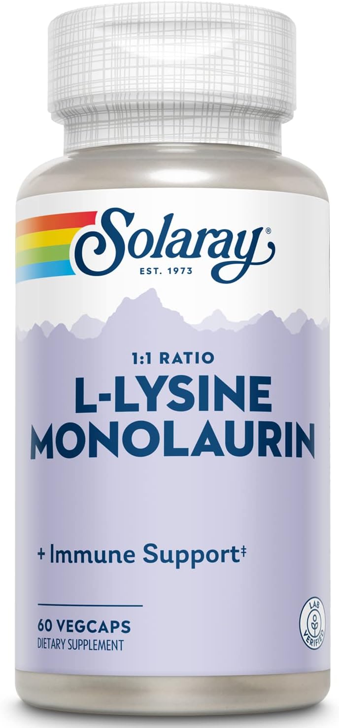 Solaray L-Lysine Monolaurin Immune Support Supplement, 1:1 Ratio For Immune System Function, Skin And Gut Health Support, 500 Mg Each, 60-Day Money Back Guarantee, 30 Servings, 60 Vegcaps