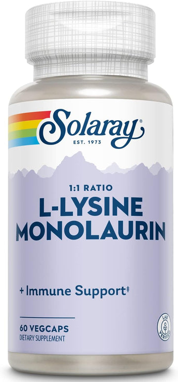 Solaray L-Lysine Monolaurin Immune Support Supplement, 1:1 Ratio For Immune System Function, Skin And Gut Health Support, 500 Mg Each, 60-Day Money Back Guarantee, 30 Servings, 60 Vegcaps