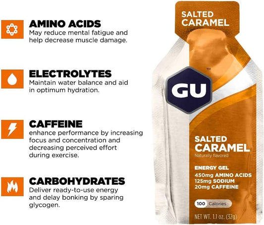 Gu Energy Original Sports Nutrition Energy Gel, Vegan, Gluten-Free, Kosher, And Dairy-Free On-The-Go Energy For Any Workout, 24-Count, Salted Caramel