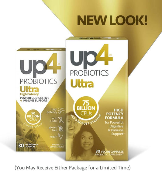 up4 Ultra High Potency Probiotic Supplement for Men & Women, Immune + Digestive Support, 75 Billion CFUs Guaranteed, 9 Probiotic Strains, Non-GMO, Gluten Free, Vegan, 30 Count (Amazon Exclusive)