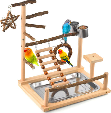 Katumo Bird Playground Bird Perch Stand Natural Parrot Playstand Parakeet Platform Conure Swing Toy Cockatiel Ladder Bird Cage Toys With Removable Tray And 2 Stainless Steel Cups