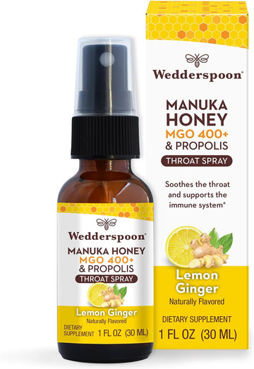 Wedderspoon Propolis and Manuka Honey Throat Spray, Lemon & Ginger, 1 Fl Oz (Pack of 1), Sore Throat Relief, Natural Immune Support