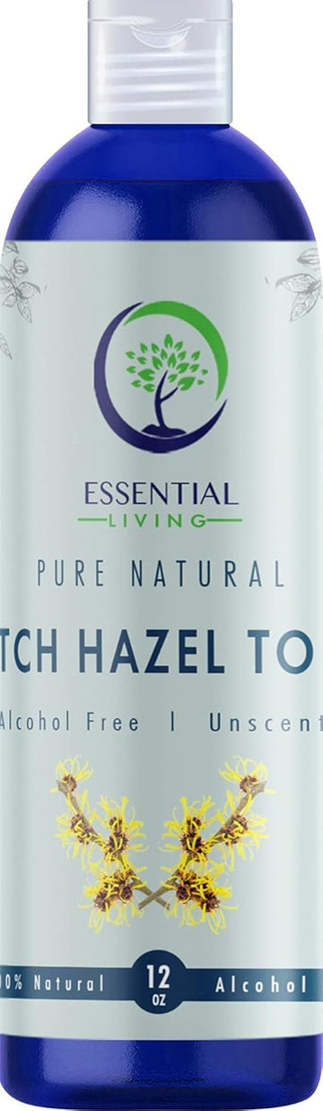 Essential Living: Witch Hazel Toner - Pure And Unscented - 12 Oz. Natural Botanical Facial Skin Care Product For Acne And Blemishes - Helps Balance Skin Ph - Fights Skin Inflammation - Made In The Usa